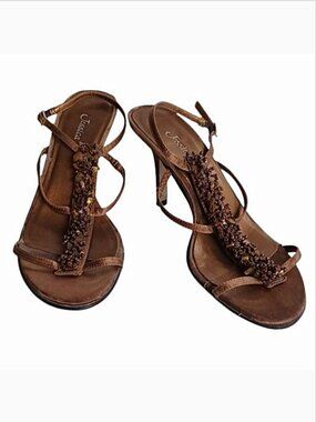 Jessica Bronze Satin/Beaded Strappy Heel Sandal- Sz. 8
